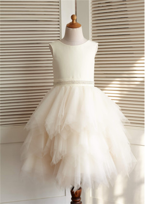 Champagne Satin Ruffle Tulle Tea Length Flower Girl Dress
